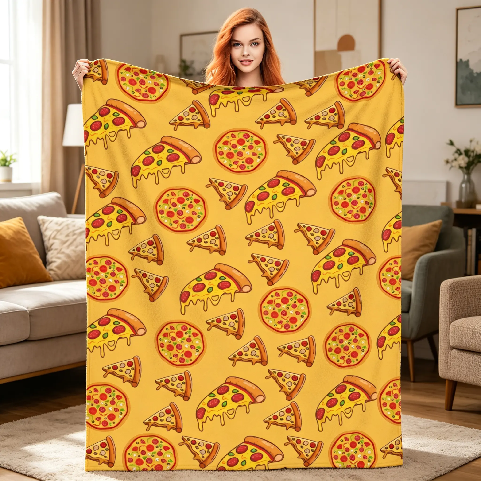 Pizza Print Flannel Fabric Blanket, Soft All-Season Living Room Decor for Couch & Bed, Funny Food Design Travel Gift for Friends, Soft Blankets