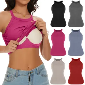 Women's Built in Bra Tank Top Ribbed Halter Racerback Tops, Women Going Out Tops Everyday  Basic Tanks Padded Tops, Women Running Yoga Sport Padded Athletic Sleeveless Summer Vest Tank Top