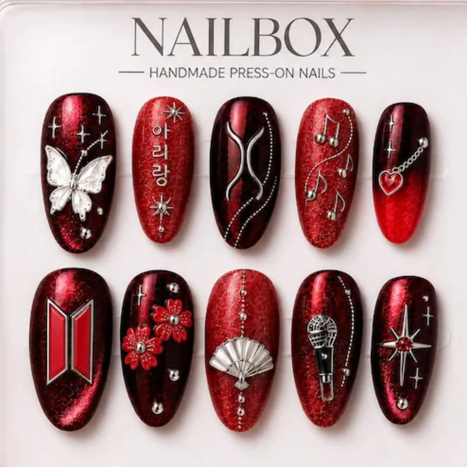 Burgundy ARIRANG Press On Nails | Cherry Blossom Kpop Concert Nails | Red Cat Eye Handmade Gel Fake Nails | ARMY Fan Gift