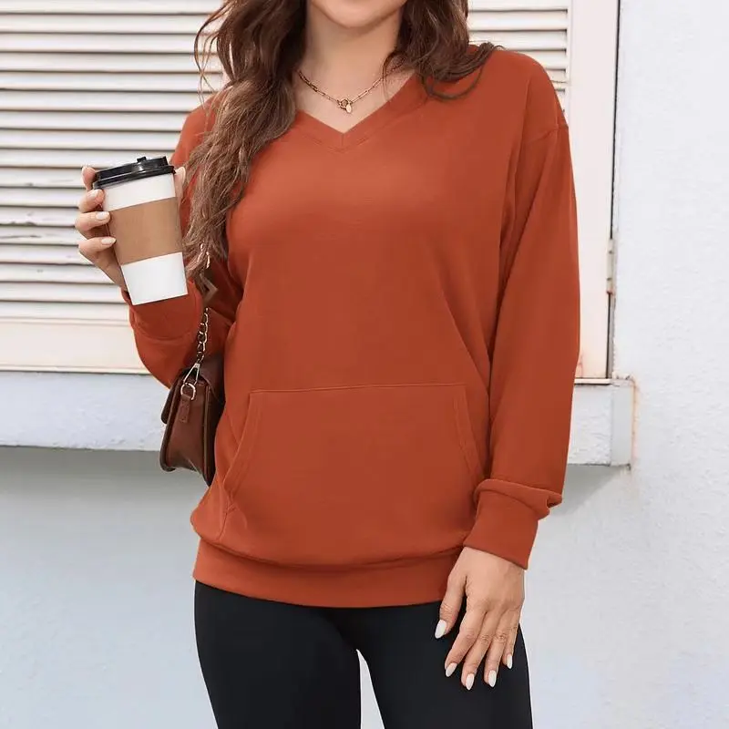 Women's Hoodless V-neck Sweatshirt With Kangaroo Pocket Fleece Longsleeve Oversized Casual Style Shirt