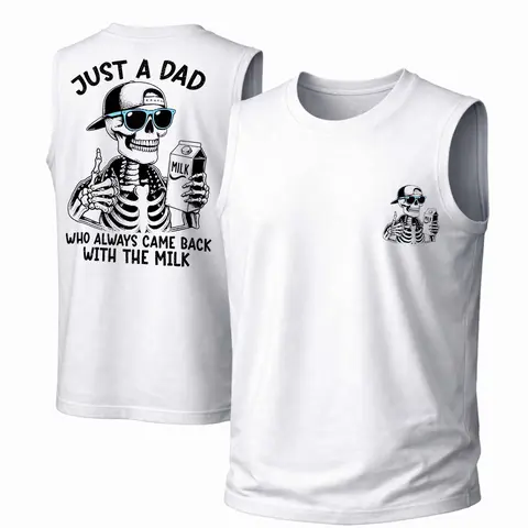 Women's 100% Cotton Crew Neck Sleeveless Loose Fit Printed Tank Top Garment - "Just A Dad Who Always Came Back With The Milk" Graphic, Comfortable, Lightweight, Soft, Retro, Slight Stretch, Street Style, All-Season Casual Outdoor Wear, Hang Dry Fabric