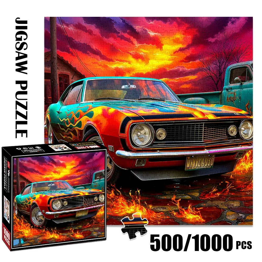 1pc 1000 piece adult puzzle 58x58cm Vintage Car with Flame Design and Dramatic Sunset Background 500 pieces paper jigsaw puzzle suitable for DIY creative games for adults and families, birthday and