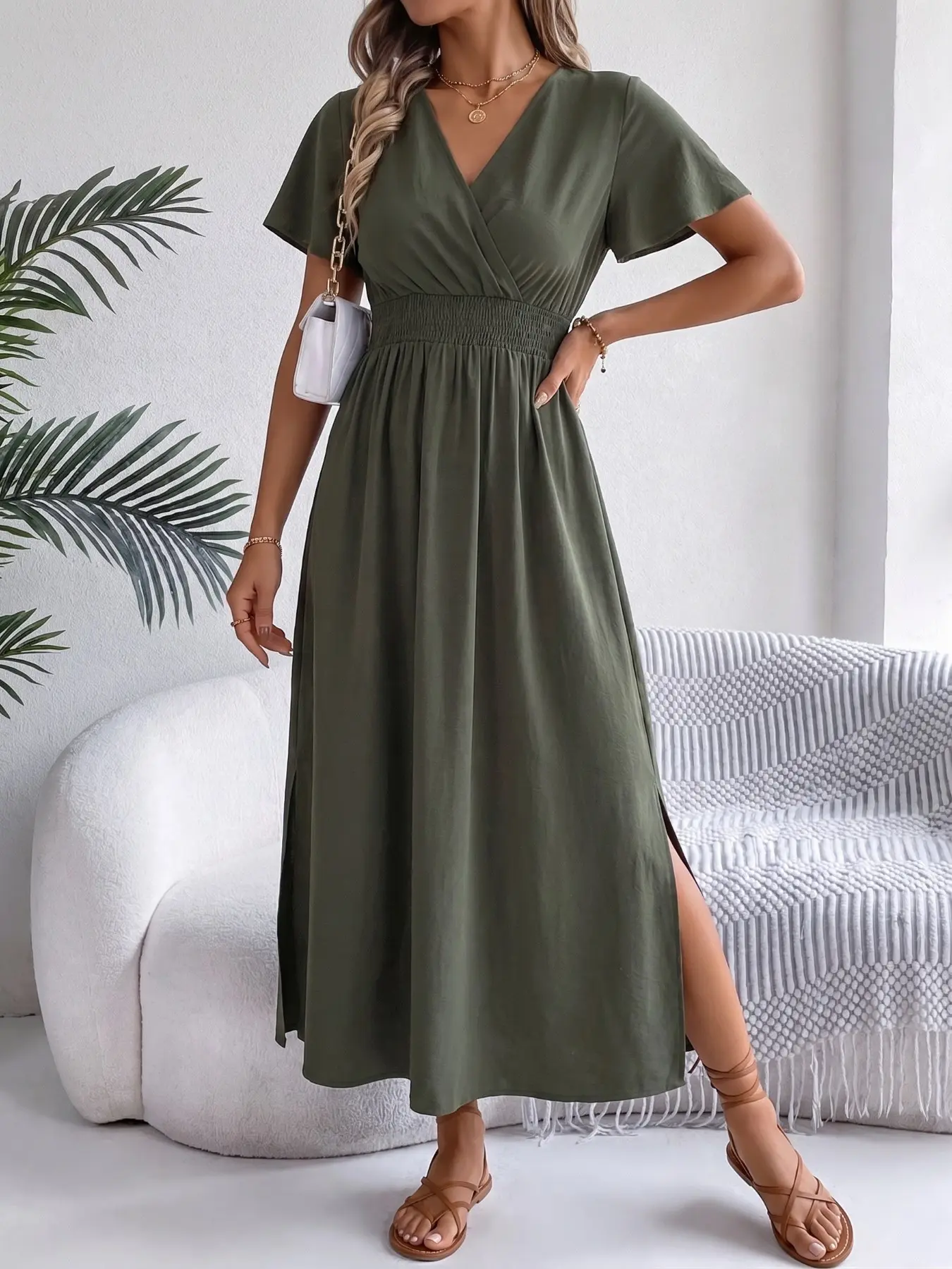 V-Neck Wrap Dress, Women Elastic Waist Adjustable Long Dress, Summer Chic Aesthetic Slimming Fit Solid Tea Break Dress, Casual Office Wear, Simple Style