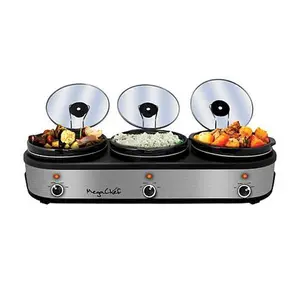 MegaChef Triple 2.5 Quart Slow Cooker and Buffet Server in Brushed Silver and Black Finish with 3 Ce