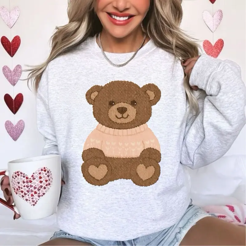 Pink sweater fuzzy bear Valentine’s Day Gildan sweatshirt women