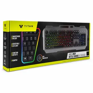 TITAN Wired LED Metal Gaming Keyboard, RGB Underglow Full Size USB Gaming Keyboard with Numpad, Smartphone Holder, Adjustable LED Brightness, Function Hotkeys, Rugged Metal Frame for PC Laptop Gaming