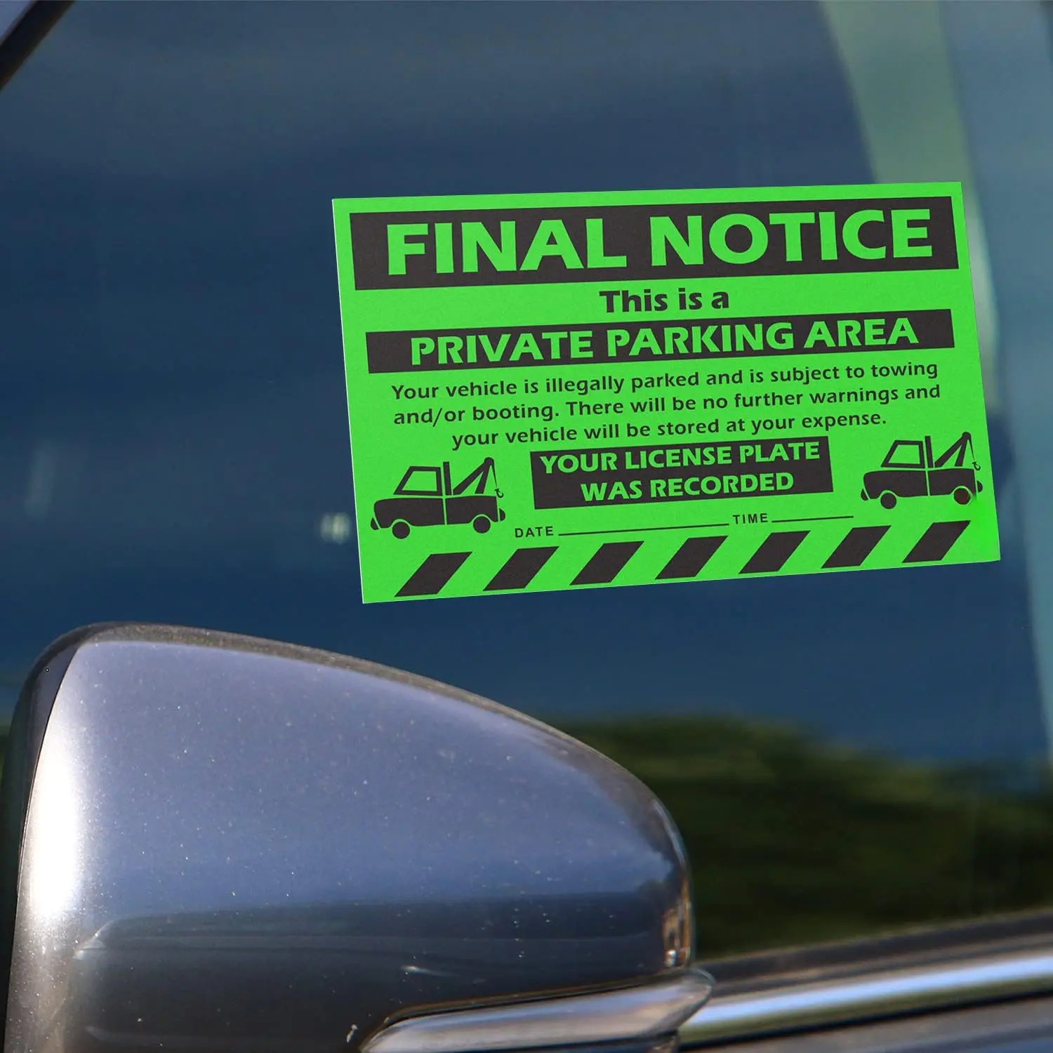 100  Parking Violation Stickers Hard to Remove - No Parking Stickers - Bad Parking Stickers - Super Sticky  Stickers for Towing Parked  8x5 in (Green Final Notice, 100)