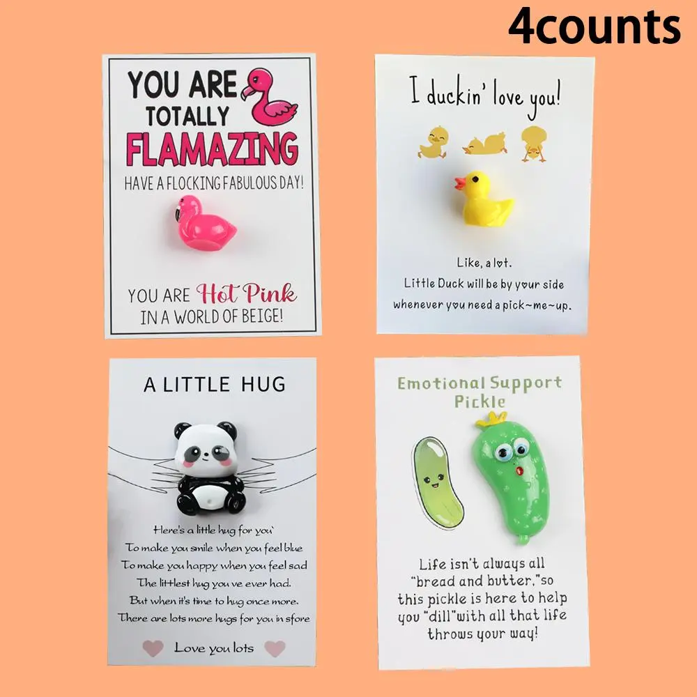 Cute Cartoon Design Pocket Hug Card, 4 Counts/set Mini Resin Greeting Card with Self Adhesive Sticker, Party Gift for Friends & Family, Positive Message Card, Tearable Greeting Cards, Fun Party Cards