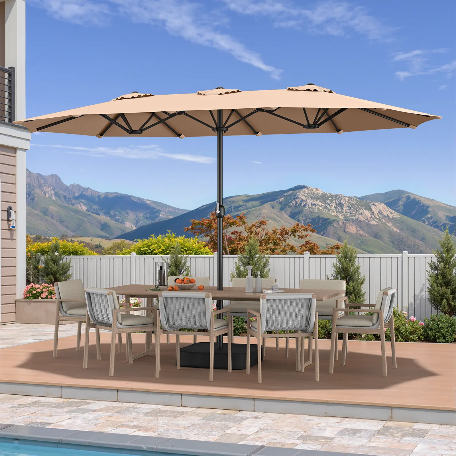 15ft Patio Umbrella with Base Included, Double Sided Umbrella with Crank Handle, Extra Large Shade Area,Outdoor Umbrella for Patio , Poolside, Backyard, Beige