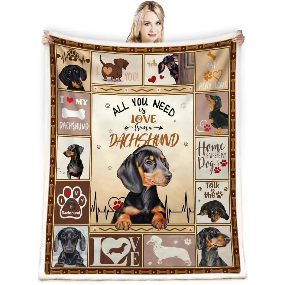 Polyester Flannel Dachshund Weiner Dog Print Blanket - Wrinkle Resistant, Plush Texture, Classic Modern Throw for Home Sofa & Lunch Break Naps, Indoor Outdoor Use, Gift for Dog Lovers (Thanksgiving, Father's Day)