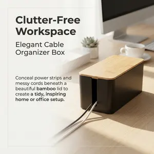Minimalist Cable Management Box with Bamboo Lid, Black Cord Organizer for Power Strips & Messy Wires, Modern Desk & Home Office Cable Storage Solution