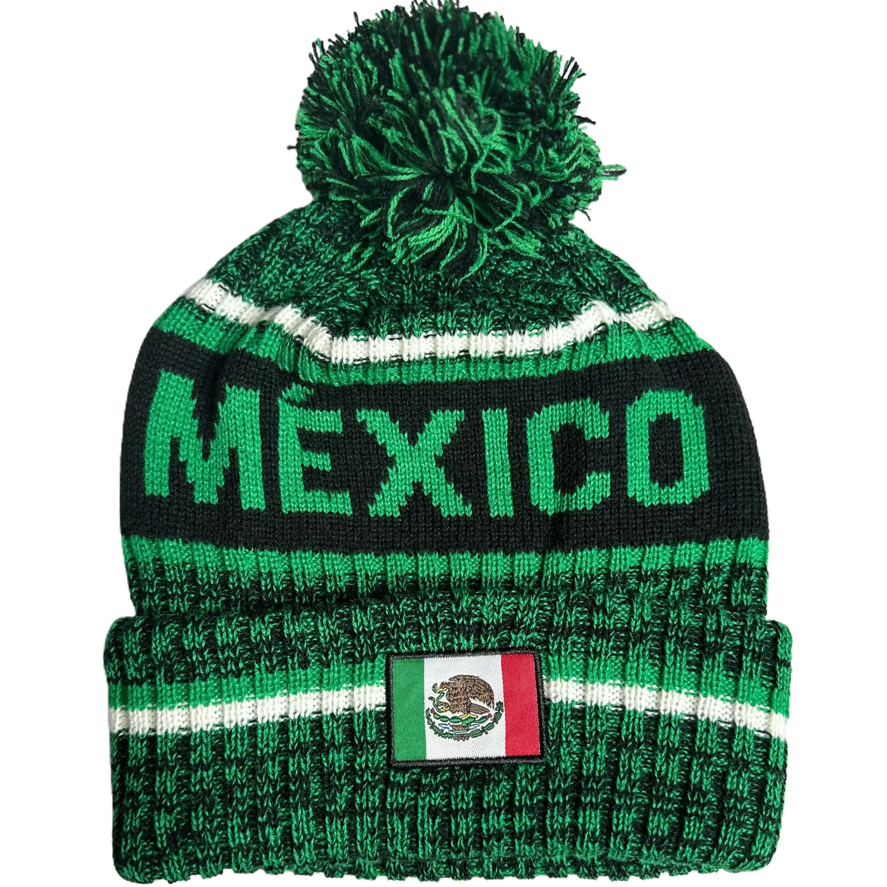 Mexico Flag Print Acrylic Knit Beanie with Pom Pom Detail, Unisex Warm Winter Hat, Stretchable 1 Size, One Size