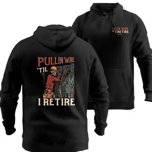 Electrician Work Hoodie, Pullin Wire 'Til I Retire Skeleton Wiring Graphic, Funny Blue Collar Pullover for Men, Gift for Union Electricians and Jobsite Crew Workers. Casual Classic