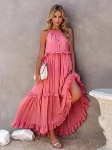 Playful Ruffled Sleeveless Tiered Maxi Dress with Pockets