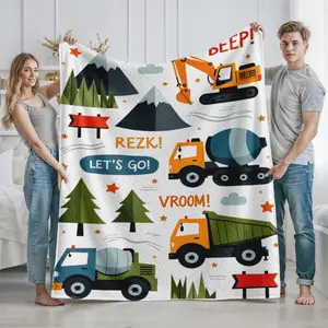 Construction Vehicles Blanket for Kids Bedding Soft Cozy Throw Quilt Featuring Excavator Cement Mixer Dump Truck Print Perfect for Bedroom Playroom Use Ideal Birthday Christmas Holiday Gift for Young Enthusiasts of Trucks and Machinery