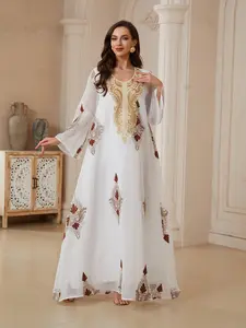 Women's Traditional Embroidered Mesh Dress Jaiabia, Boho Style Long Kaftan Robe, All Season Long Sleeve Loose-Fitting Evening Gown Abayas