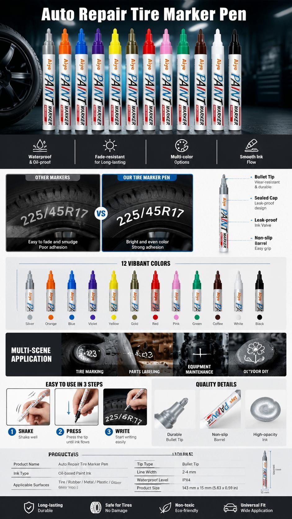 Automotive Tire Paint Markers - 12 Color Oil-Based Permanent Markers, Medium Tip, Quick-Dry, Waterproof for Metal, Wood, Rubber (Car Washing & Maintenance Paint Repair Tools)