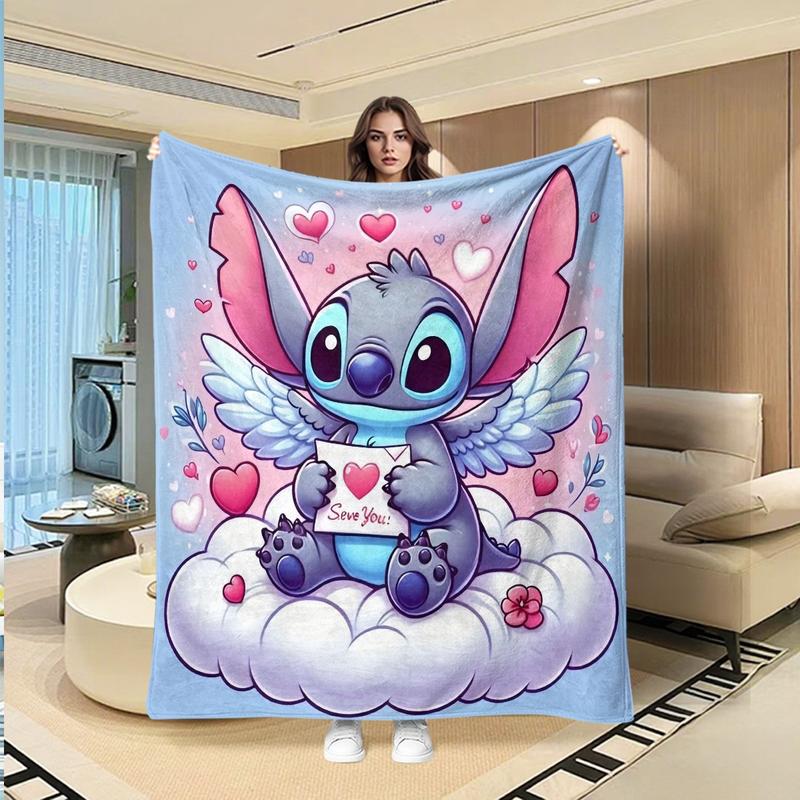 Cute Angel Stitch Cloud Theme Flannel Blanket, Light Blue Bottom, Winged Stitch Hugging Heart Card, I Love You Design, Valentine's Day Gift