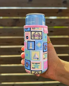 Saddle & Shore 'Seaside Stamps' Day Drink Reusable Slim Can Koozie 12oz for Energy Drinks & Seltzers Hand-Drawn Art Neoprene Sleeve - Bottles, Drinkware