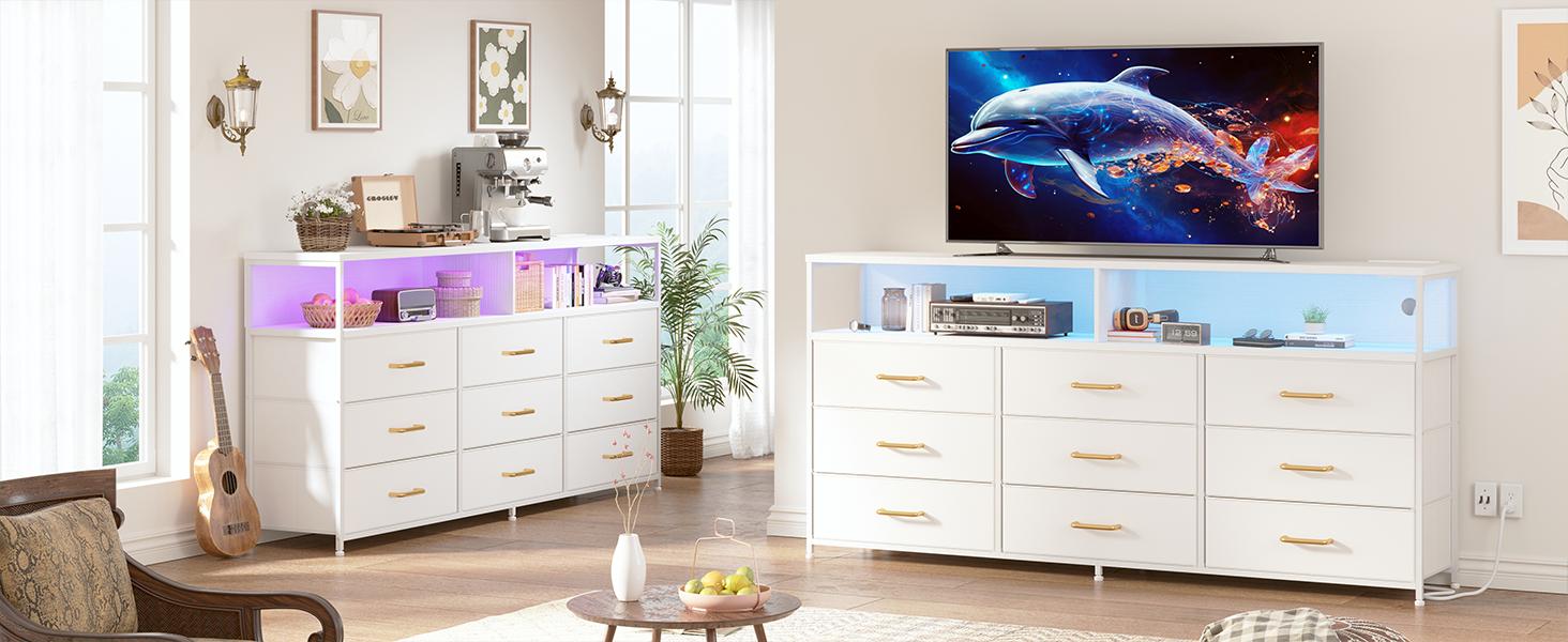 Raybee 55" Modern Dresser with 9 Fabric Drawers & LED Light,65 inch TV Stand with Built-in Power Outlet, Multifunctional Vanity Console & Entertainment Center for Living Room, Bedroom, Apartment, Smart Storage Organizer, Luxury Housewarming Gift for Women