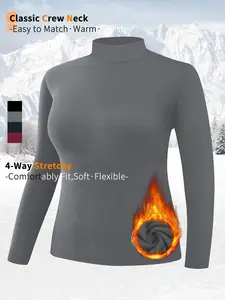 Women's Plus Size Fleece Lined Warm Womenswear Top, High Neck Long Sleeve Base Layer, Stretchy Flexible Versatile Solid Color Underwear for Fall & Winter