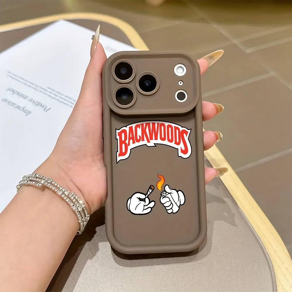 Neutral Coffee Brown Soft Silicone Frame Backwoods Vintage Cartoon Hand Lighter Print Phone Case Slim Anti-Scratch Hard Case Compatible iPhone 12-18 Galaxy S22-S26 TikTok FYP Viral Streetwear Male Cover