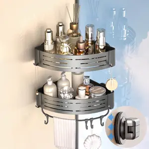 Corner Shower with Suction Cups, 2-Pack Removable Aluminum Wall Mounted Organizer Shelves Rack with Bar Hook for, Grey