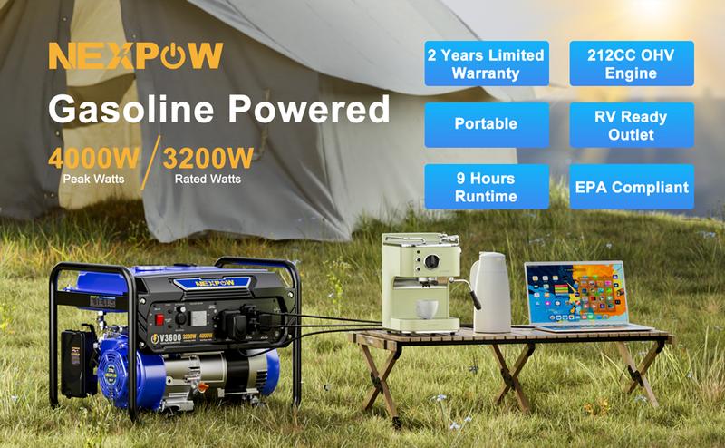 4000W Portable Generator, Gasoline Powered RV Ready Generator for Backup Home & Outdoor Camping, EPA Compliant, 9H Full Load Runtime, Open Frame