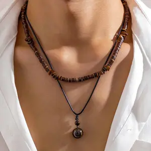 European and American Fashion Coconut Shell Turquoise Leather Wax Cord Necklace Set for Men Layered Sweater Chain