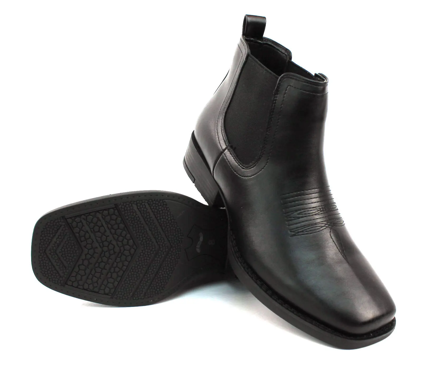 Mens Black Western Chelsea Cowboy Ankle Boots Square Toe Pull On Leather Block Heel