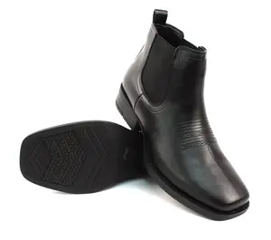 Mens Black Western Chelsea Cowboy Ankle Boots Square Toe Pull On Leather Block Heel