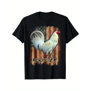 Cotton Short Sleeve  T-Shirt Retro Fashion Cotton T-Shirt for Eid, Street Hipster Theme Patriotic Rooster and American Flag Print T-shirt, Men'S Casual and Comfortable Crewneck Loose T-shirt Plus Size, Easter, St. Patrick'S Day,