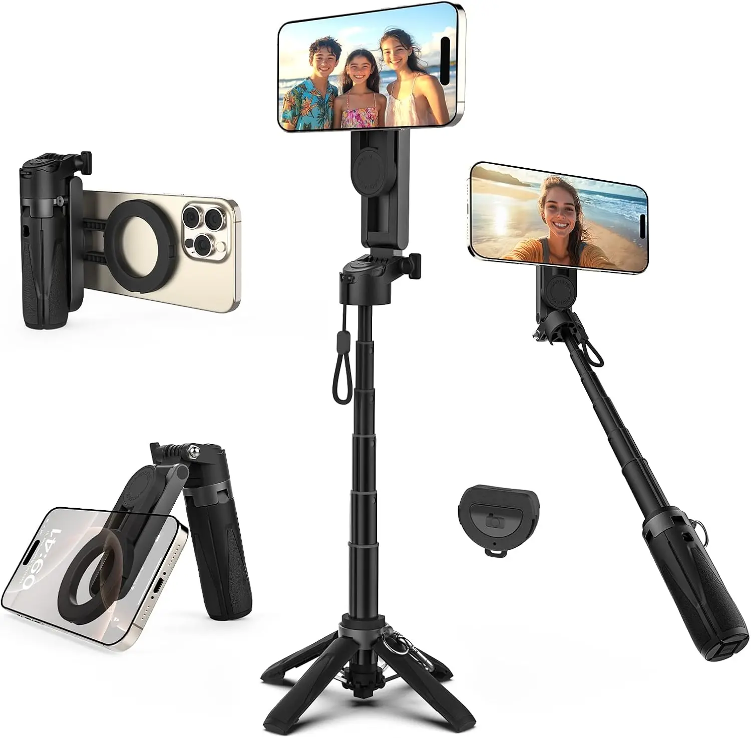 MagSafe Carbon Fibre Tripod for iPhone, Smartphone, Cellphone - 4-in-1 Pocket-Size Cordless Magnetic Selfie Stick with Remote Control, Upgraded Legs, 4-Leg Stand for Daily Filming Setup, Work, Travel, Pt02