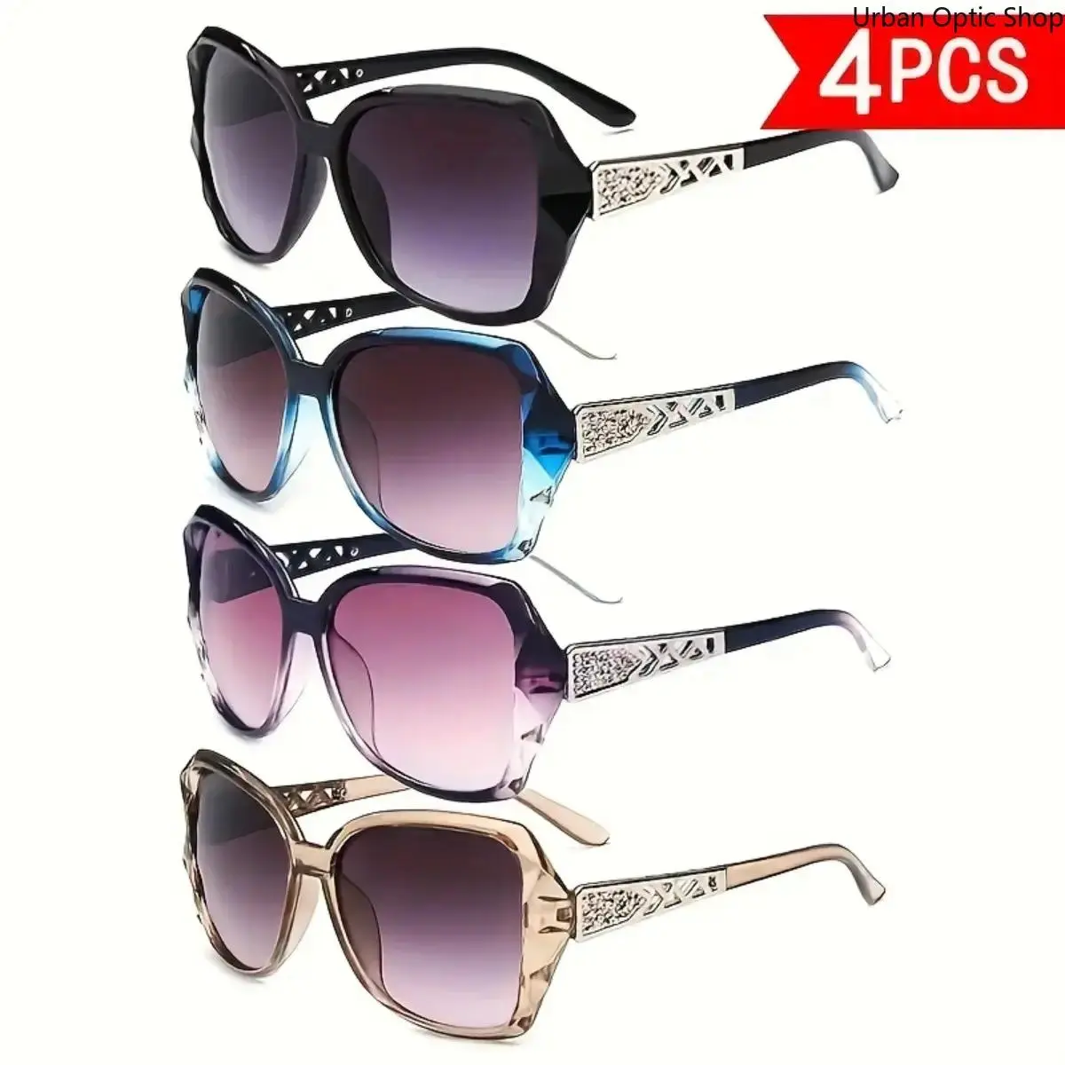 XUH 4 Pack Y2K Classic Retro Sunglasses Set, Summer UV400 Sun Protection Elegant Large Frame with Hollow Temple Design, Trendy Fashion Eyewear for Women Men Daily Outdoor Travel Beach Wear