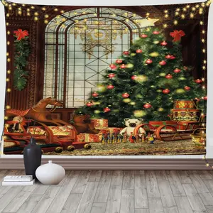Christmas Tapestry, Vintage Ambiance Big Old Fashioned Window Xmas Tree Various Presents, Fabric Wall Hanging Decor for Bedroom Living Room Dorm, Decorations Baby Pink Blue Grey