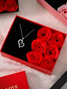Valentine's Day Custom Rose Bouquet, Gemstone Necklace Set, Lifelike Artificial Flowers, Anniversary Romantic Gift, Wedding Party Decor, Exquisite Jewelry Gift