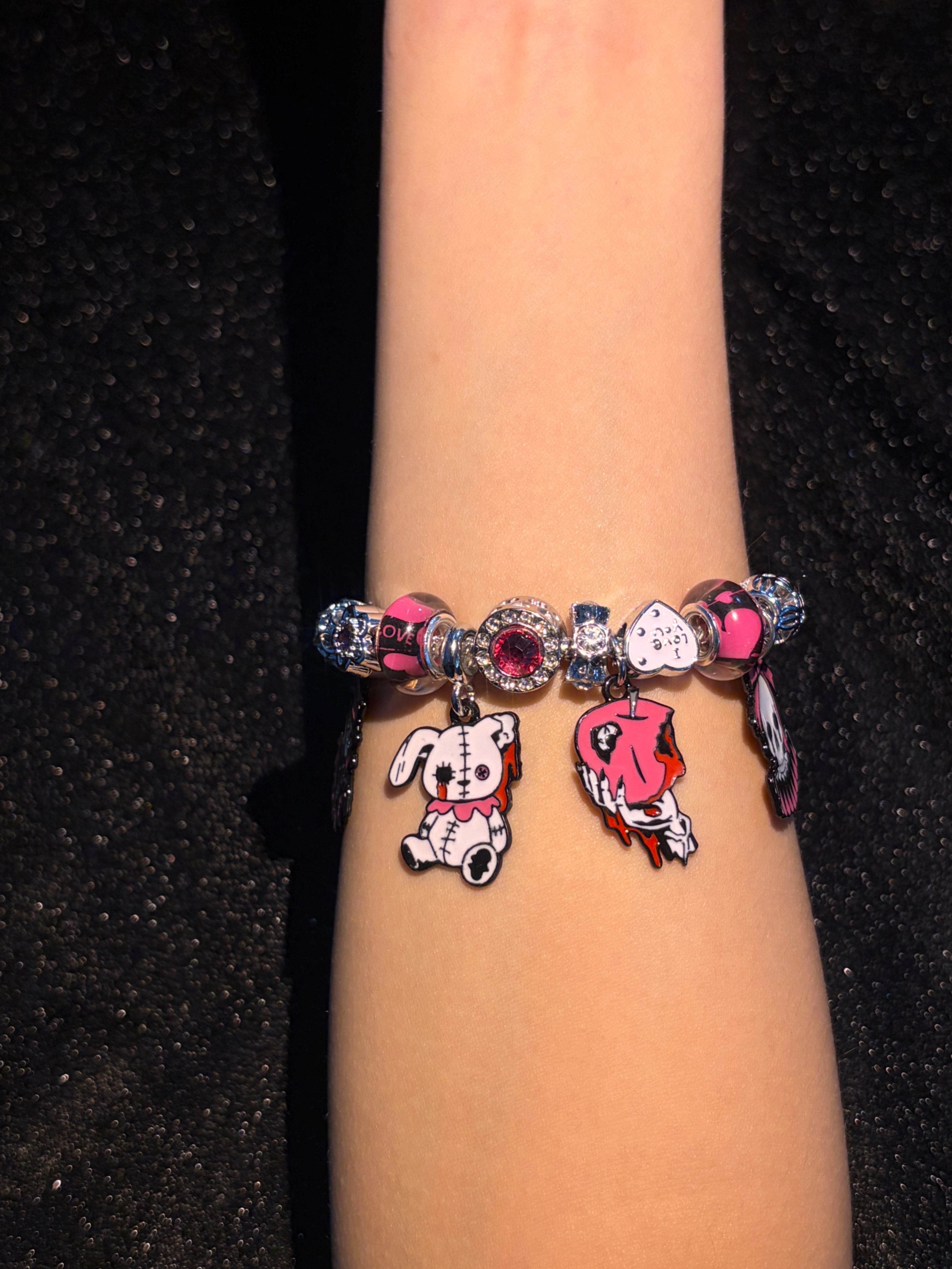 Silver Tone Festival Charm Bracelet - Gothic Cute Dangle Pendants, Stitched Rabbit & Skull Charms, Pink-Black Murano Glass Beads, Shiny Rhinestone Spacer Beads, Adjustable Snake Chain, Y2K Trendy Jewelry for Halloween Party Cosplay