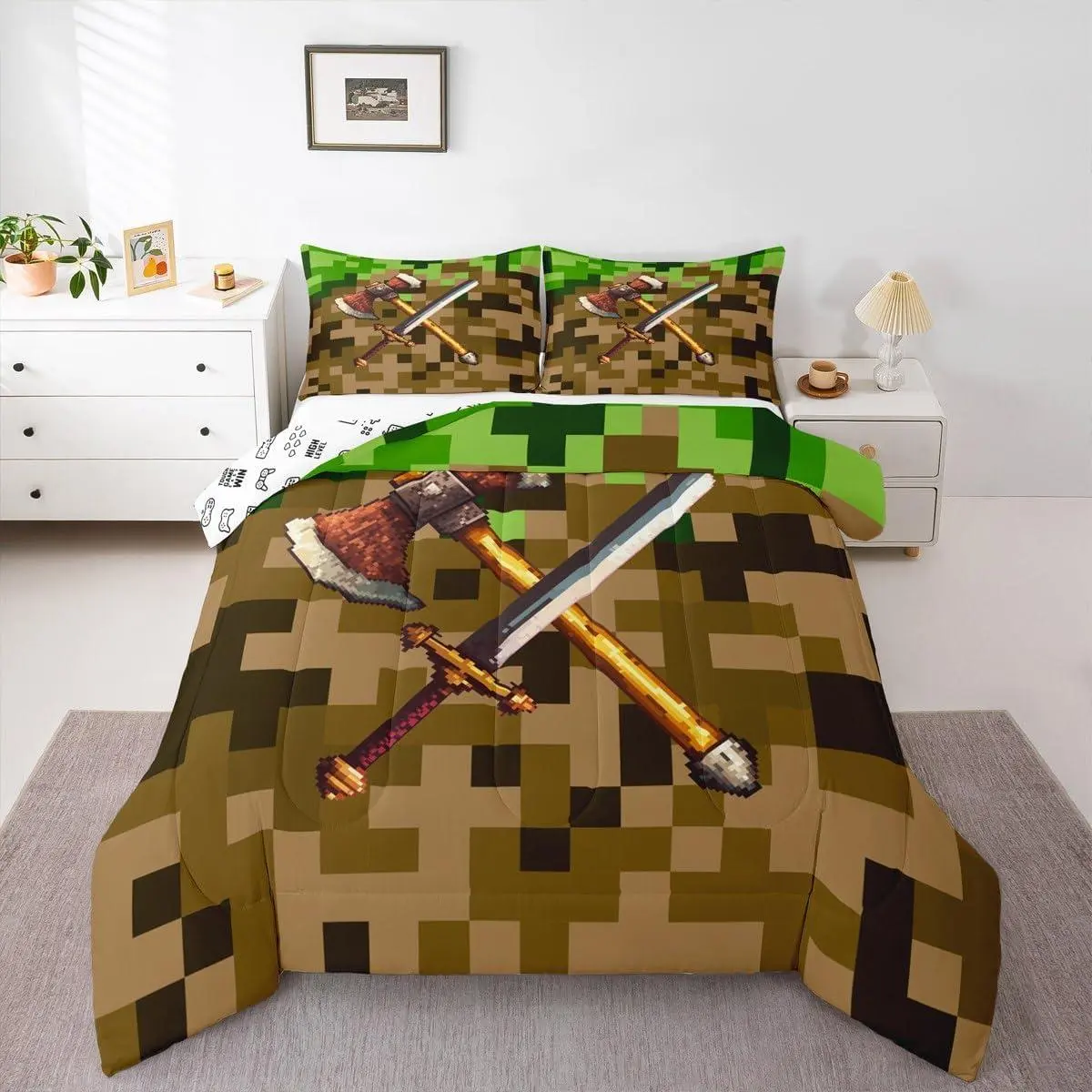 Axe Sword Comforter Set,Camouflage Blocks Bedding Set,for Kids Girls Boys Room Decor,Miner Theme Duvet Insert Pixel Style Quilted Duvet