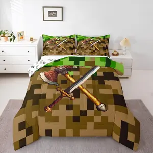 Axe Sword Comforter Set,Camouflage Blocks Bedding Set,for Kids Girls Boys Room Decor,Miner Theme Duvet Insert Pixel Style Quilted Duvet