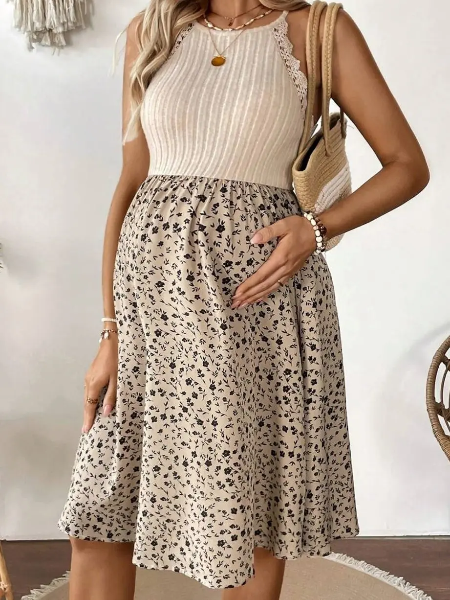 Boho Mama Maternity Ditsy Floral Halter Dress - Vacation Style Casual Comfort Dress