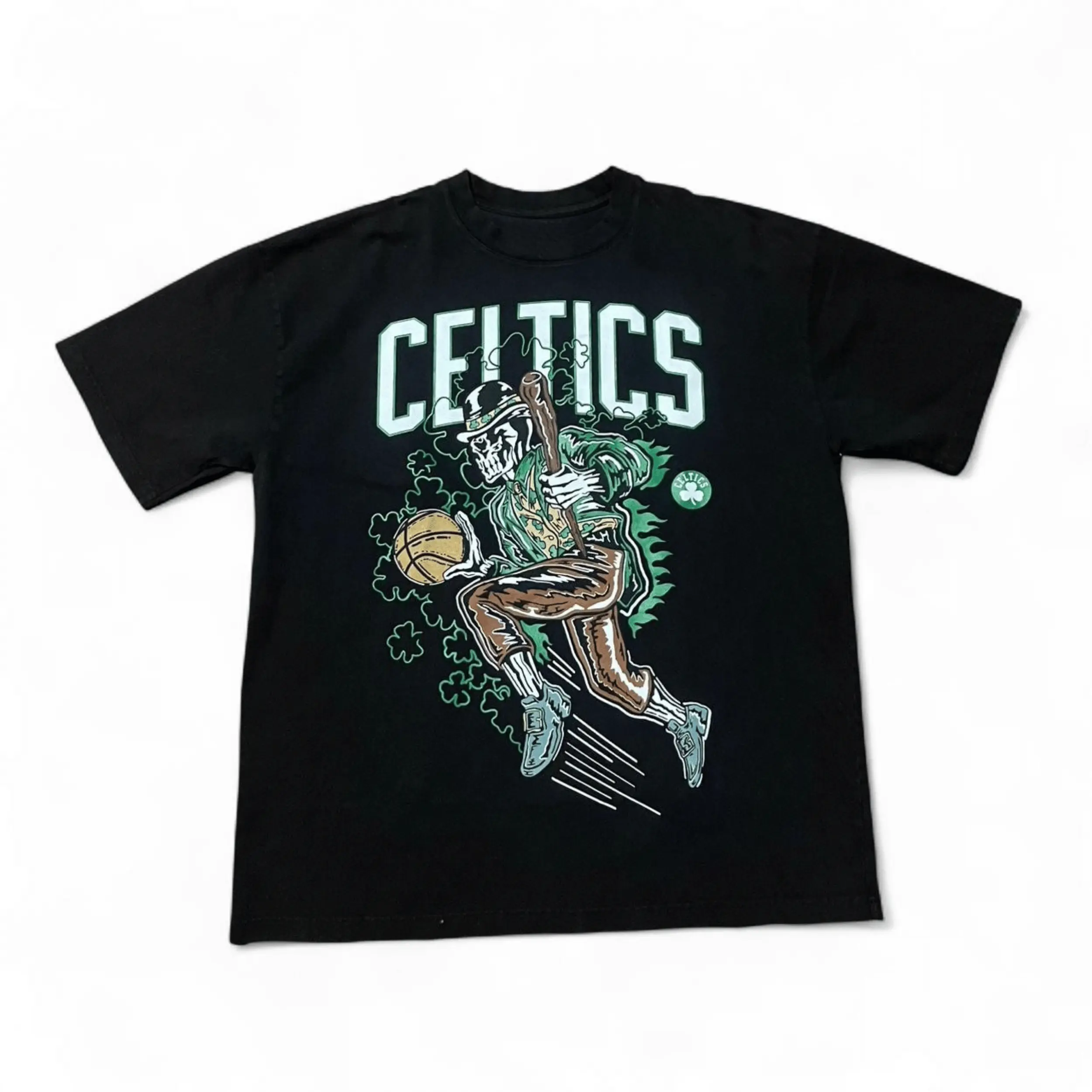 Skeleton Basketball Premium Heavyweight Streetwear Tee, Vintage 90s Bootleg Celtics Graphic T-Shirt, Urban Menswear Running Skeleton Top, Retro Boston Hoops Aesthetic Apparel, Unisex High-End Cotton Shirt