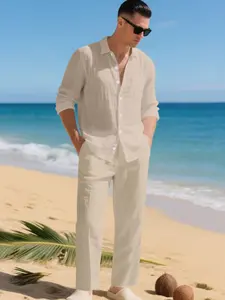 Men's Autumn Linen Shirt Set, Loose-Fit Long Sleeve Button Front Top, Casual Plain Design, Ideal for Daily Wear & Travel, Casual Fashion Set