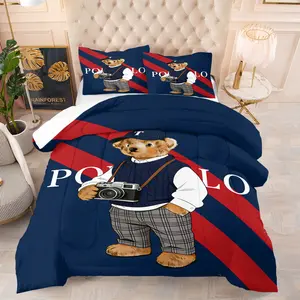 Teddy bear printed pattern bedding set, including 1 blanket and 1 or 2 pillowcases without pillowcases, soft adult bedroom decoration gift, Soft Bedding Sets