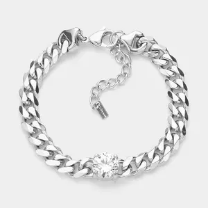 18K Gold Dipped Stainless Steel CZ Round Stone Accented Chain Link Bracelet: Rhodium