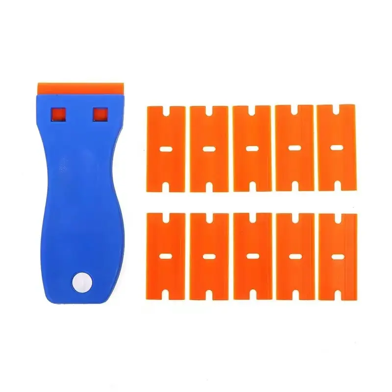 1.5" Plastic Razor Scraper with 10pcs Double Edged Plastic Blades for Removing Labels Stickers Decals on Glass Windows