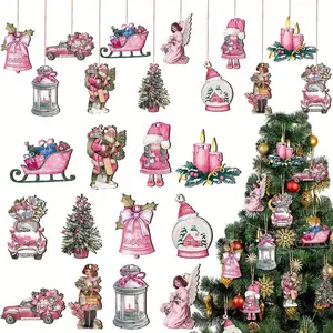 24pcs Pink Christmas Ornament Hanging Decoration Christmas Tree Santa Car Wooden Crafts Christmas Day Pendant Decoration Christmas Tree Hanging Decoration Home Room Decoration Holiday Gift Christmas Gift Decorative Flowers Ornaments