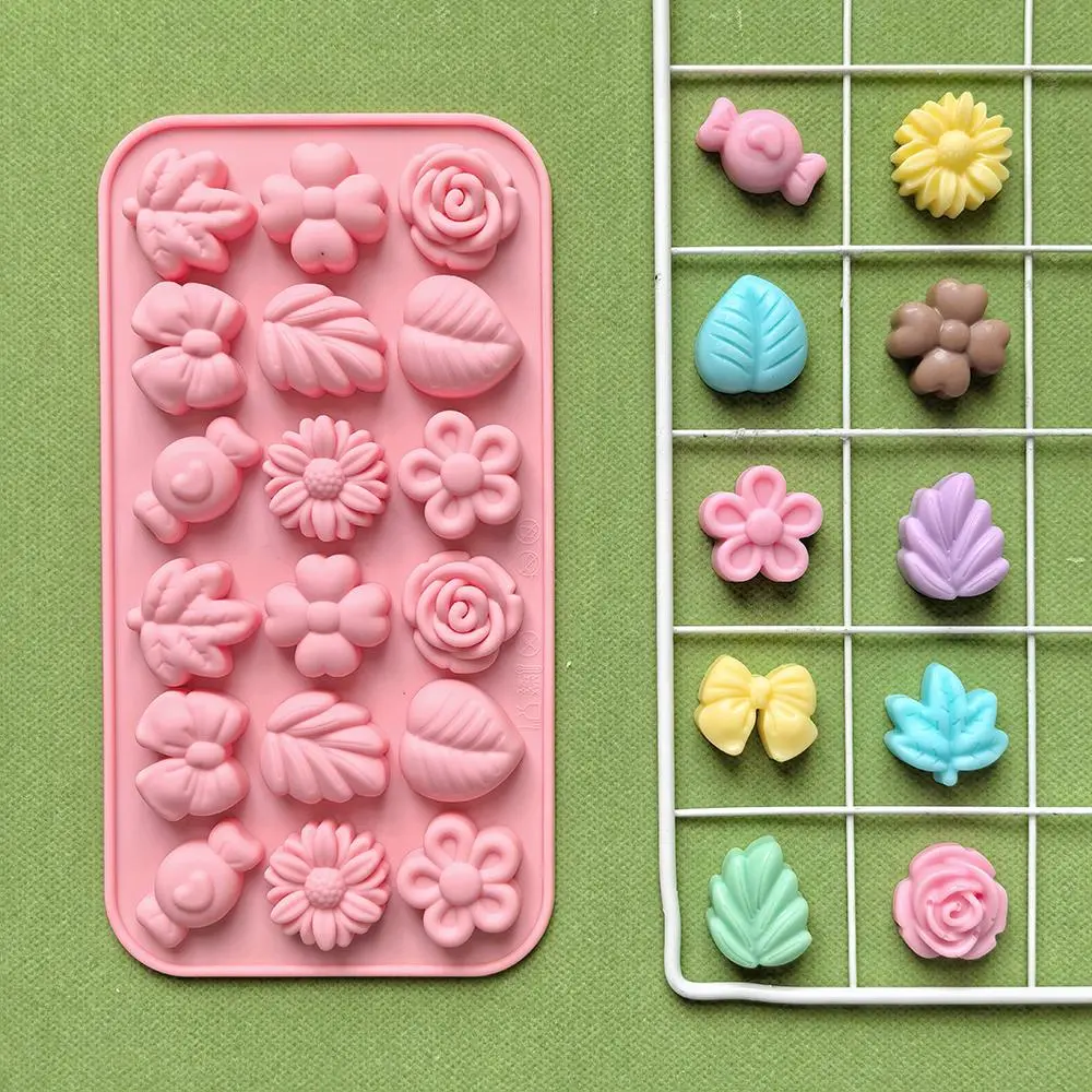 1pc 18-Cavity Leaf, Flower, Bow Shape Non-Stick Silicone Molds for Molding Gummies, Chocolate, Candy, Cake Decorating & Baking Tool Bakery Molds