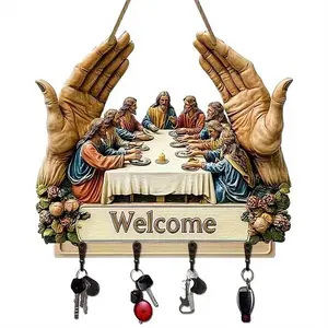Jesus and Disciples Wall Art with Key Hooks, Wood Rustic Farmhouse Religious Key Holder with 4 Hooks, Ideal Housewarming Gift for Entryway Hallway Living Room, Religious Gifts for Family, Friends