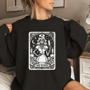 Nurse Tarot Card Sweatshirt， Funny Skeleton Witch Graphic Women's Sweatshirt Casual Print Long Sleeve Round Neck Pullover for Daily Wear, Ladies Clothing Fall & Winter Fashion Unisex Sweatshirts