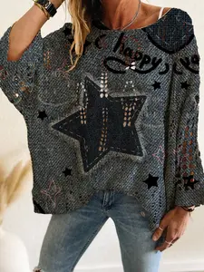 Women's Elegant Knit Top, Star Patchwork Long Sleeve, Batwing Shoulder, Loose Fit, Casual & Commuter Wear, Spring Summer, Knitted Sweater